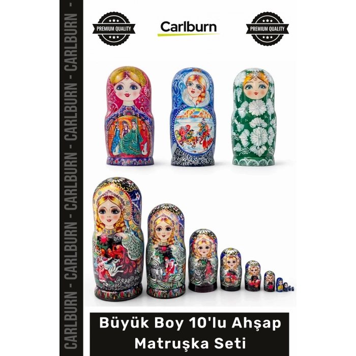 Özel Üretim El Boyaması Doğal Dekoratif Otantik Geleneksel Büyük Boy 10lu Ahşap Matruşka Seti