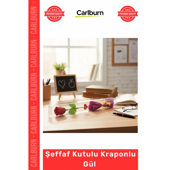 Özel Üretim Dekoratif Kırmızı Yapay Çiçek Şeffaf Kutulu Kraponlu Gül Öğretmenler Günü Hediyesi
