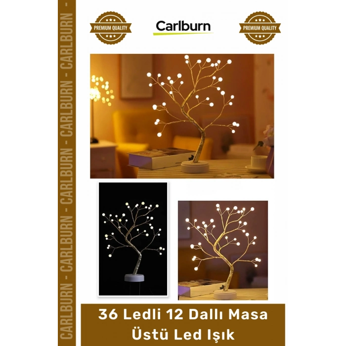 Özel Üretim 36 Ledli 12 Dallı Pilli USB Girişli Işıklı Ağaç İnci Led Dekoratif Masa Üstü Led Işık