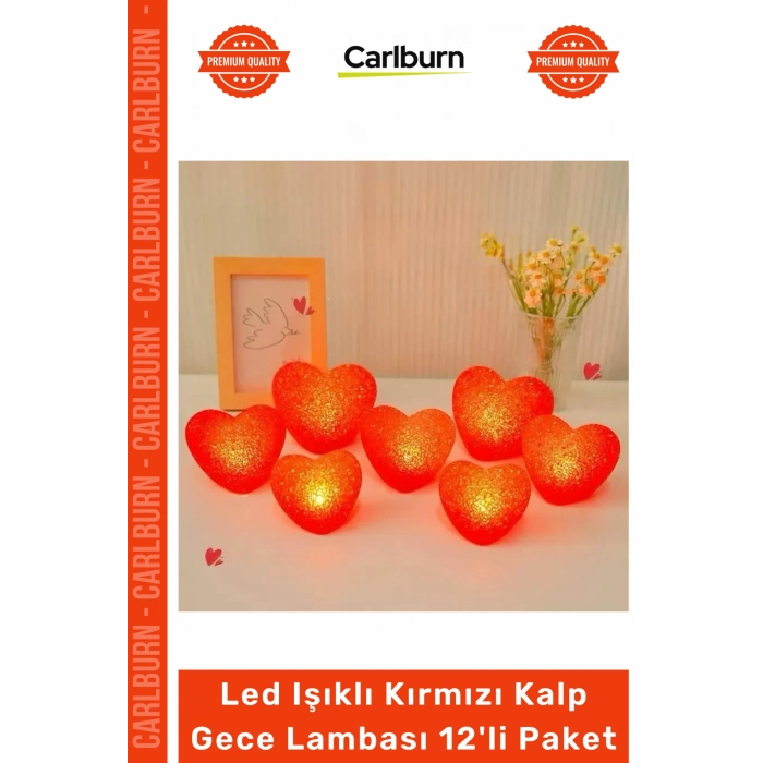 Özel Üretim Dekoratif Pilli Romantik 8cm Modeli Led Işıklı Kırmızı Kalp Gece Lambası 12li Paket