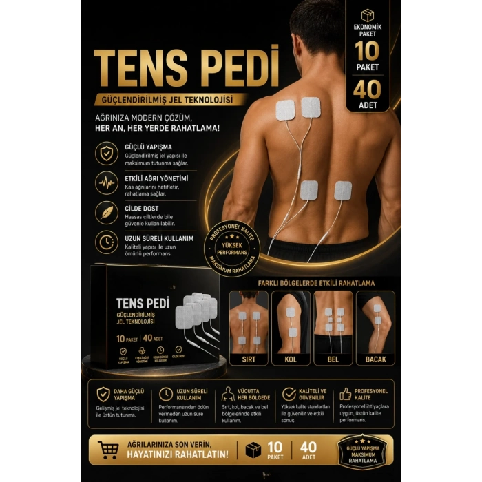 #TensPedi Kablolu Yumuşak Esnek Medikal Elektrot Yapışkanlı 10 Paket 40 Adet TENS Pedi 5×5 cm