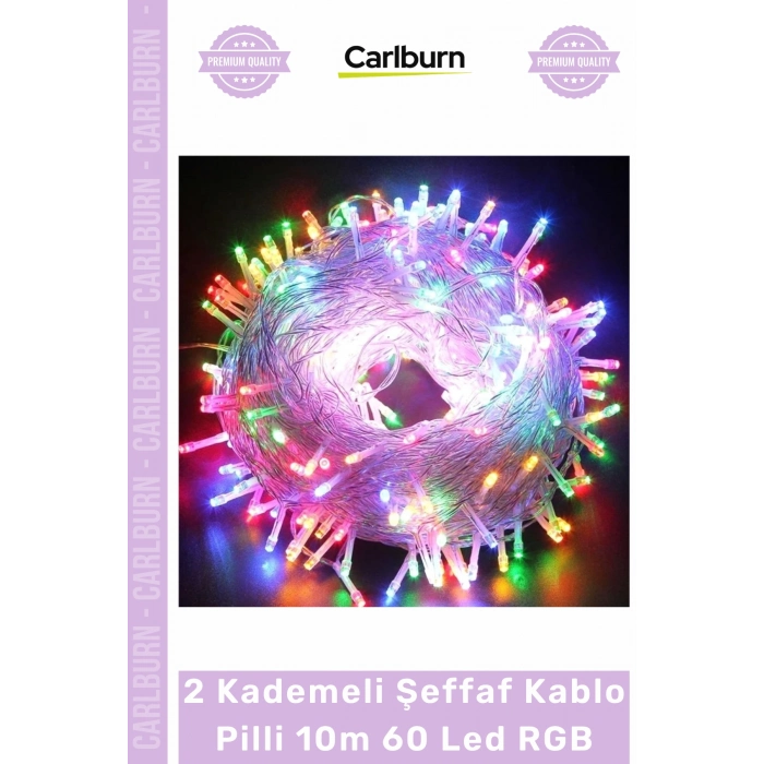 #LedIşık Dekoratif Yılbaşı Aydınlatma Renkli Işık 2 Kademeli Şeffaf Kablo Pilli 10m 60 Led RGB