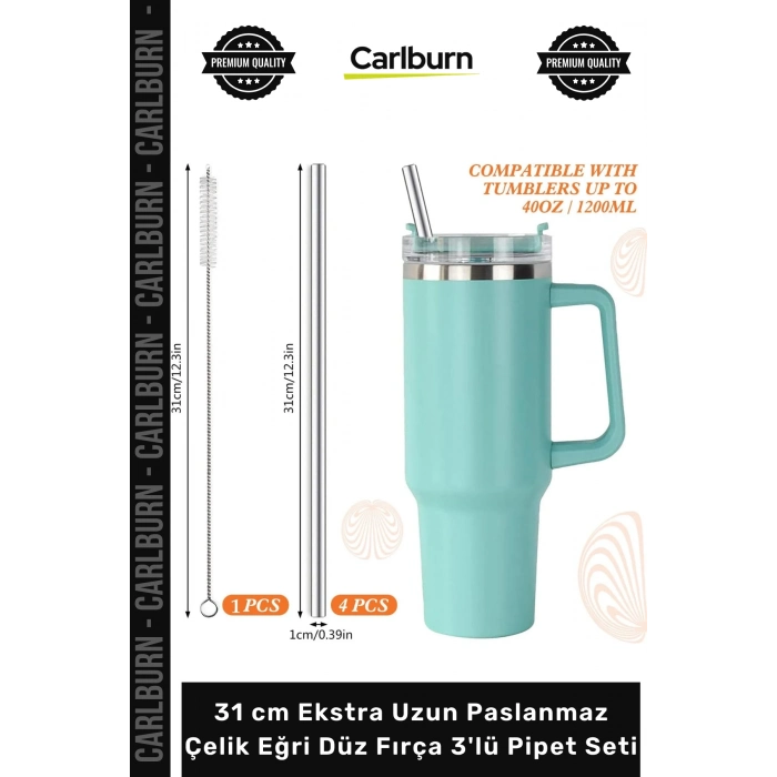#PipetSeti Termos Bardak Ekolojik 31 cm Ekstra Uzun Paslanmaz Çelik Eğri Düz Fırça 3lü Pipet Seti