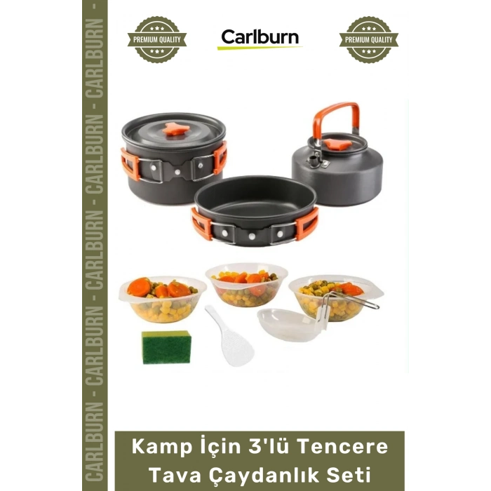 #KampSeti Katlanabilir Alüminyum Isı İletkenliği Yüksek Profesyonel Outdoor Piknik Kamp İçin 3lü Tencere Tava Çaydanlık Seti