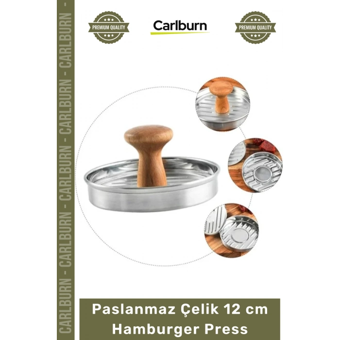 Özel Üretim Paslanmaz Çelik Gövde Ahşap Saplı Izgara Desenli Köfte Şekillendirici 12 cm Hamburger Press