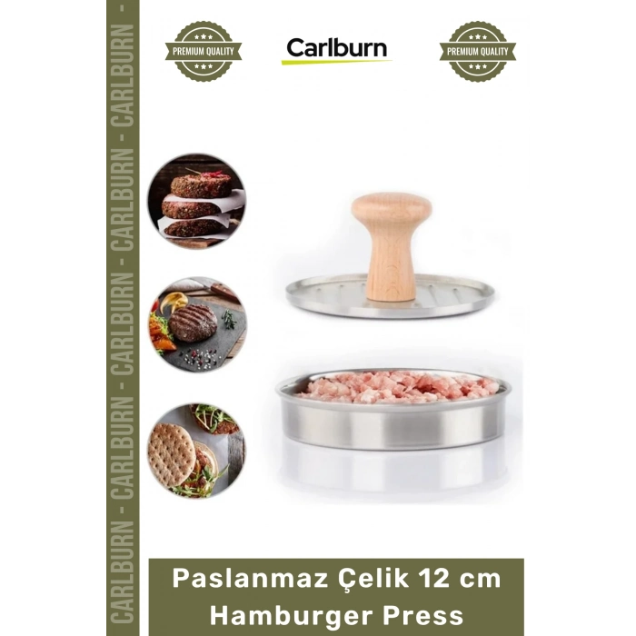 Özel Üretim Paslanmaz Çelik Gövde Ahşap Saplı Izgara Desenli Köfte Şekillendirici 12 cm Hamburger Press