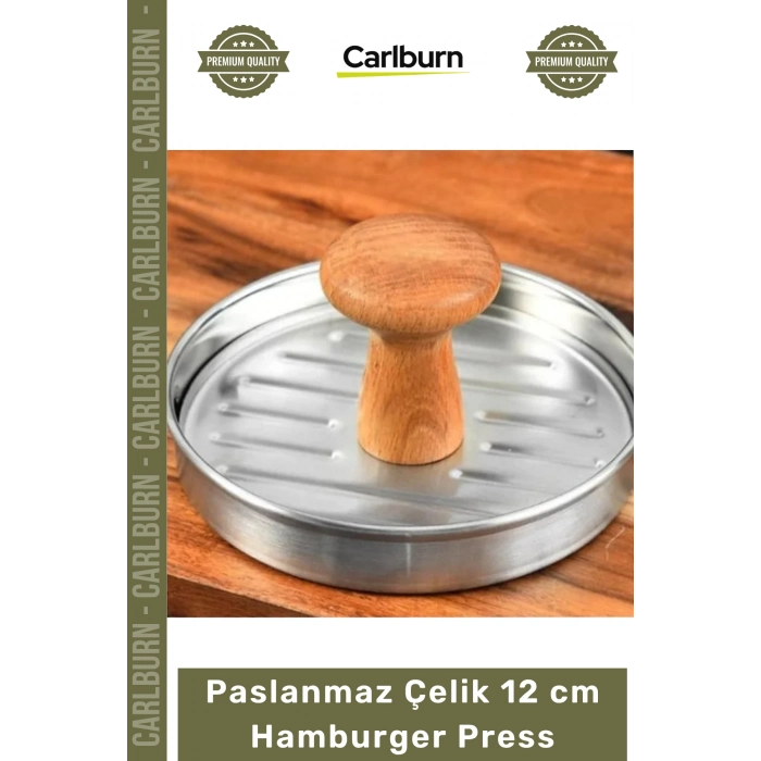 Özel Üretim Paslanmaz Çelik Gövde Ahşap Saplı Izgara Desenli Köfte Şekillendirici 12 cm Hamburger Press