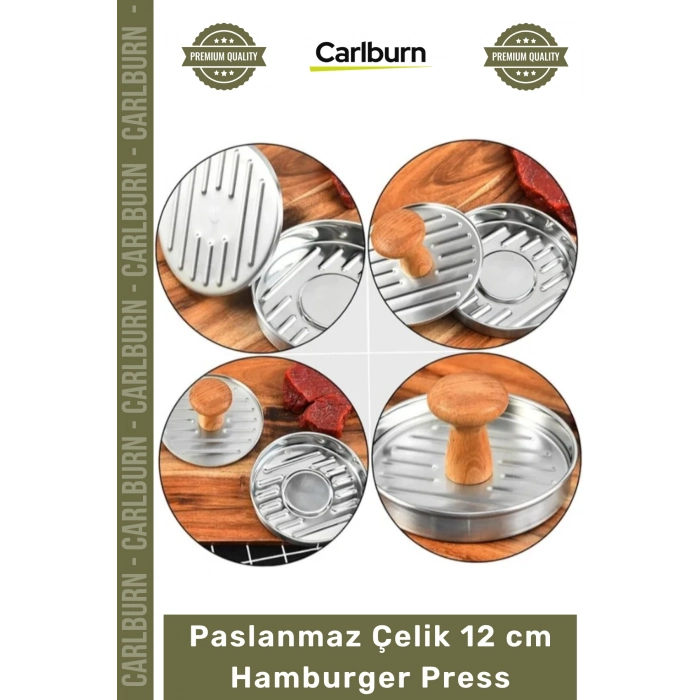 Özel Üretim Paslanmaz Çelik Gövde Ahşap Saplı Izgara Desenli Köfte Şekillendirici 12 cm Hamburger Press