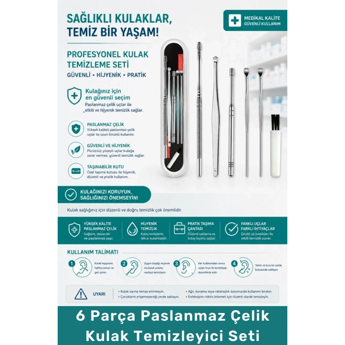 #KulakTemizleyici Kulak Bakım Aparatı Metal Temizleme Kiti 6 Parça Paslanmaz Çelik Kulak Temizleyici Seti