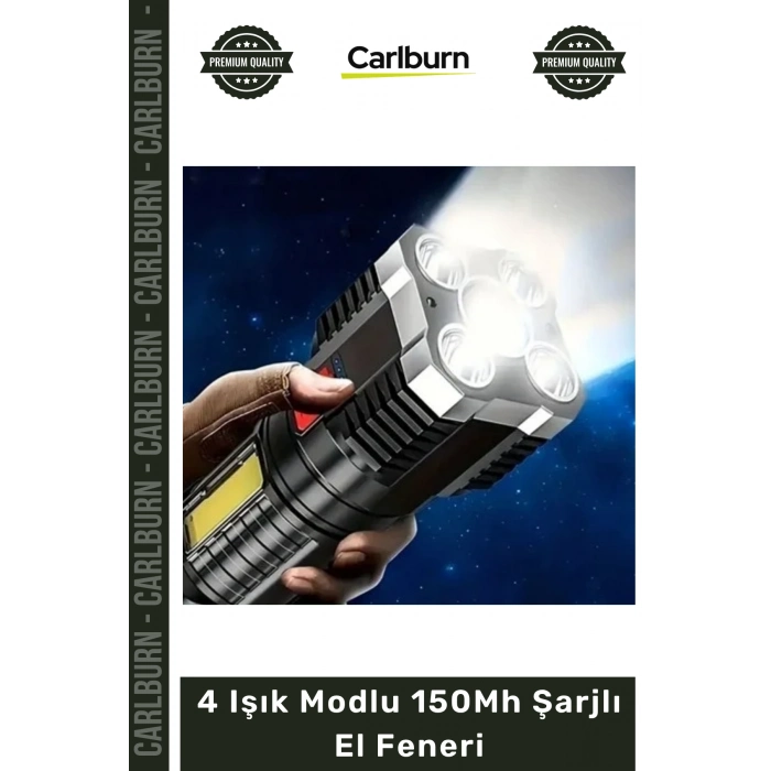 #ElFeneri Kamp Avcılık Outdoor Taşınabilir Güçlü LED Aydınlatma 4 Işık Modlu 150Mh Şarjlı El Fener