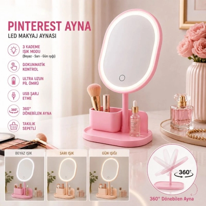 Özel Üretim Işıklı Oval Makyaj Aynası Dokunmatik USB Şarjlı 3 Kademe Işık Seviyesi Takı Tepsili