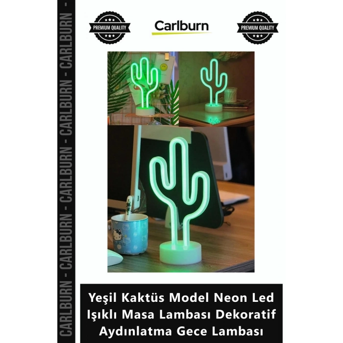 Özel Üretim Şık Yeşil Kaktüs Model Neon Led Işıklı Masa Lambası Dekoratif Aydınlatma Gece Lambası