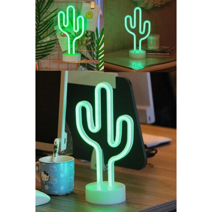 Özel Üretim Şık Yeşil Kaktüs Model Neon Led Işıklı Masa Lambası Dekoratif Aydınlatma Gece Lambası