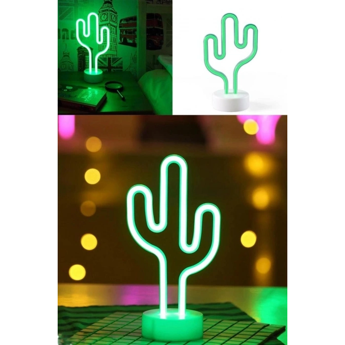 Özel Üretim Şık Yeşil Kaktüs Model Neon Led Işıklı Masa Lambası Dekoratif Aydınlatma Gece Lambası