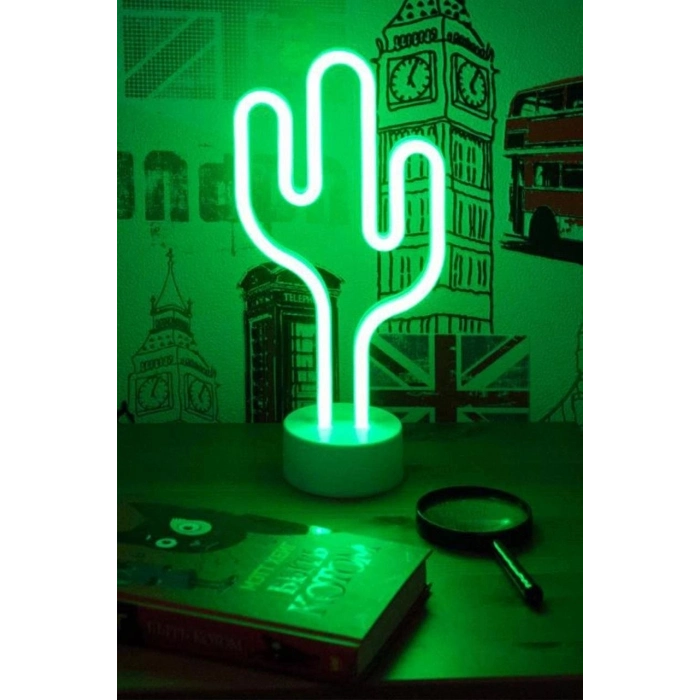 Özel Üretim Şık Yeşil Kaktüs Model Neon Led Işıklı Masa Lambası Dekoratif Aydınlatma Gece Lambası