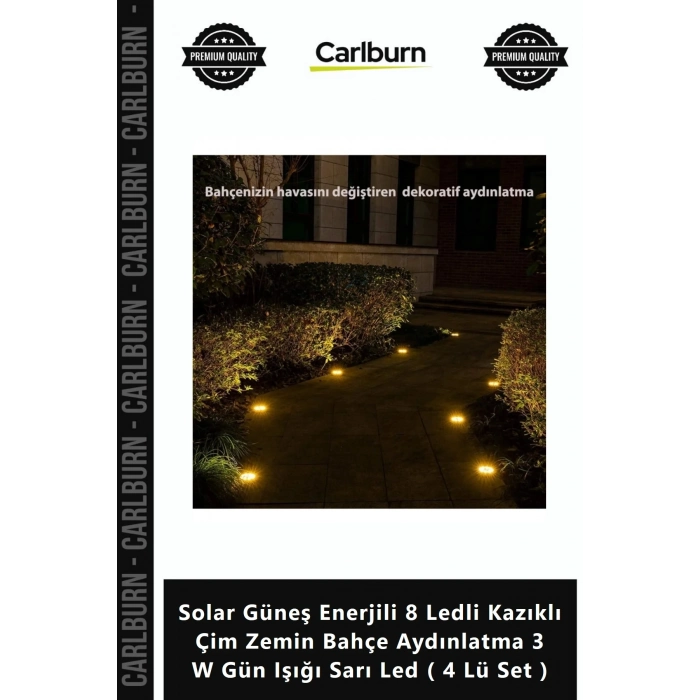 Özel Üretim Solar Güneş Enerjili 8 Ledli Kazıklı Çim Zemin Bahçe Aydınlatma 3 W Gün Işığı Sarı Led 4
