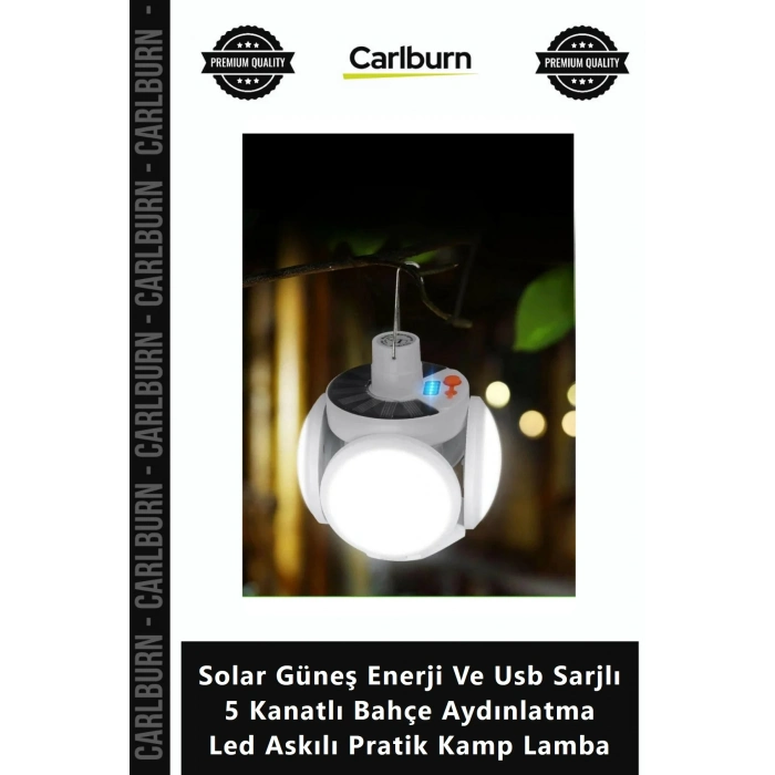 Özel Üretim Solar Güneş Enerji Usb Sarjlı 5 Kanatlı Bahçe Aydınlatma Led Askılı Pratik Kamp Lamba