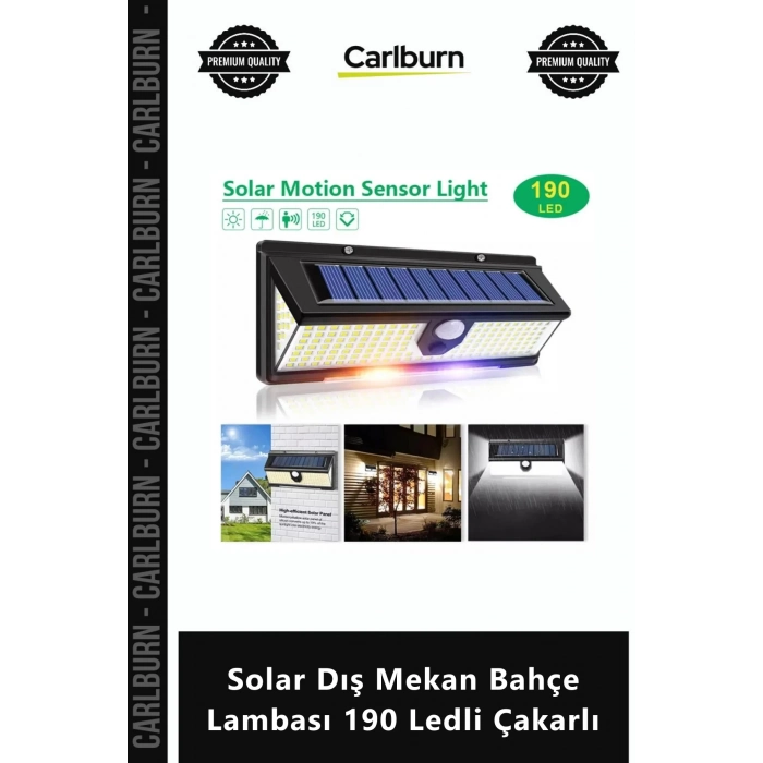 Özel Üretim Güneş Enerjili PIR Sensörlü Su Geçirmez Solar Dış Mekan Bahçe Lambası 190 Ledli Çakarlı