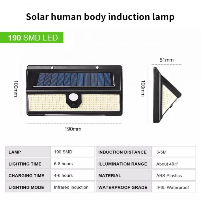 Özel Üretim Güneş Enerjili PIR Sensörlü Su Geçirmez Solar Dış Mekan Bahçe Lambası 190 Ledli Çakarlı