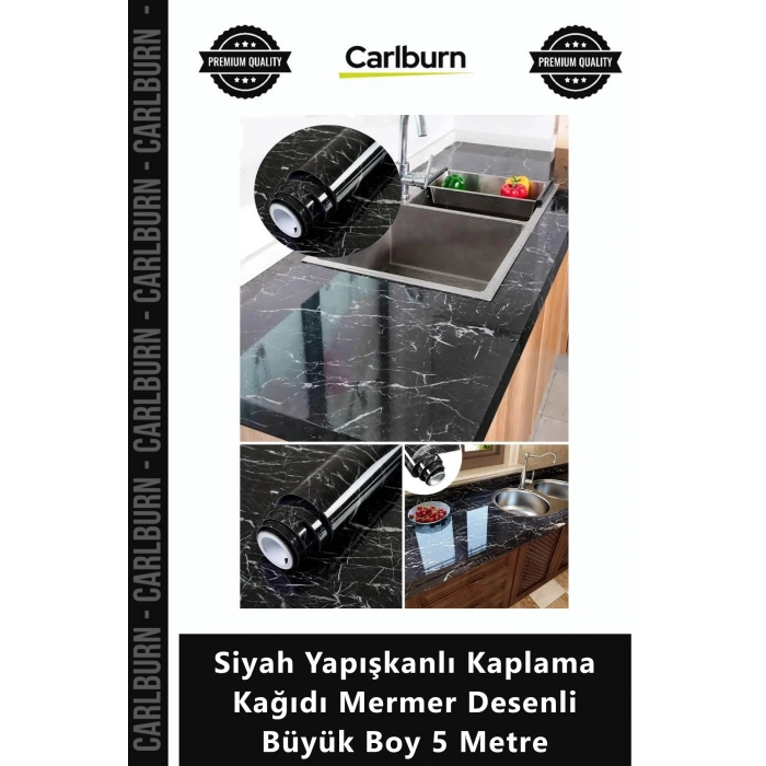 #Sticker Isıya Dayanıklı Folyo Siyah Yapışkanlı Kaplama Kağıdı Mermer Desenli Büyük Boy 5 Metre