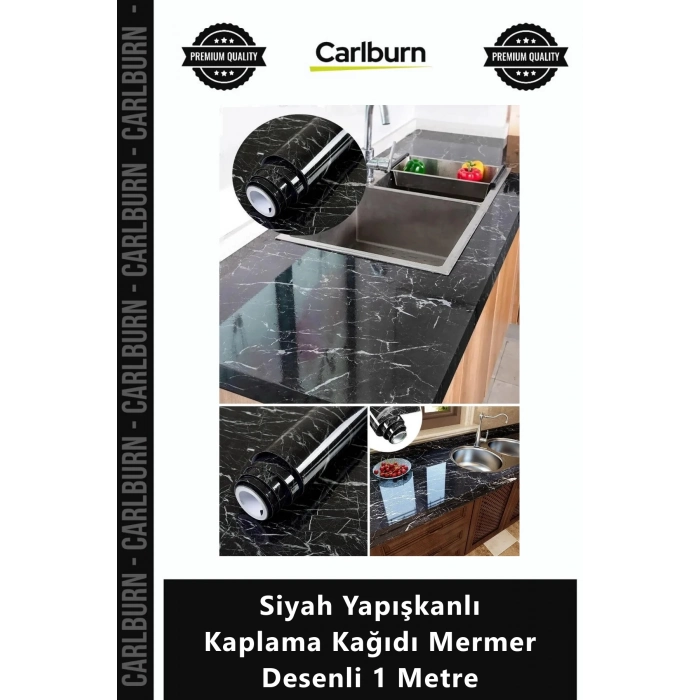 Özel Üretim Mutfak Tezgah Üstü Su Geçirmez Siyah Yapışkanlı Kaplama Kağıdı Mermer Desenli 1 Metre