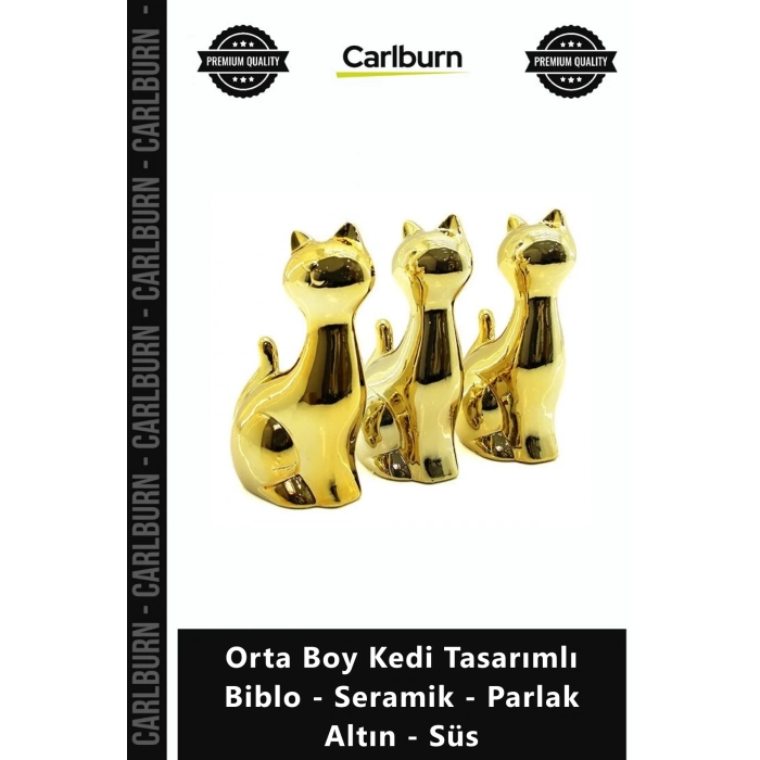 Özel Üretim Lüks Modern Dekoratif Obje Orta Boy Kedi Tasarımlı Biblo Seramik Parlak Altın Süs