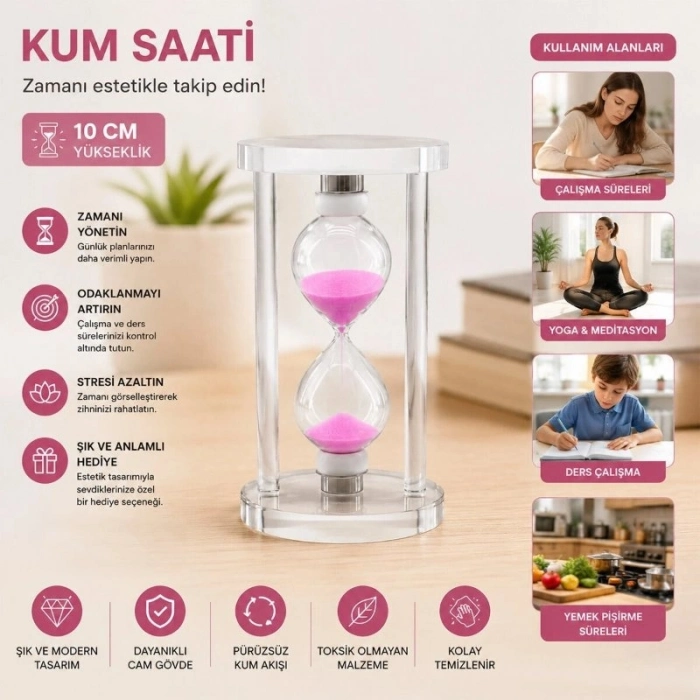 Özel Üretim Modern Estetik Küçük Boy Cam Standlı Kum Saati 10 cm Yükseklik Dekoratif Süs Eşyası