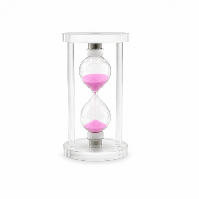 Özel Üretim Modern Pembe Büyük Boy Cam Standlı Kum Saati 15 cm Yükseklik Dekoratif Şık Tasarım
