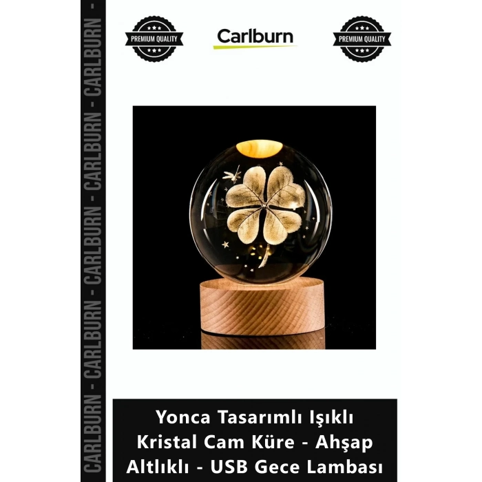 Özel Üretim Hediye Şans Yonca Tasarımlı Işıklı Kristal Cam Küre Ahşap Altlıklı USB Gece Lambası