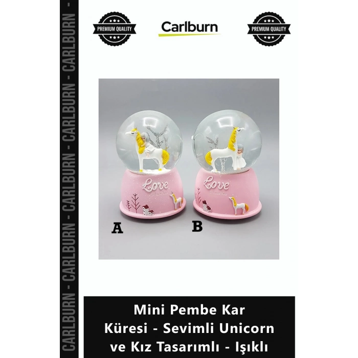 Özel Üretim Hediyelik Obje Dekor Mini Pembe Kar Küresi Sevimli Unicorn Kız Tasarımlı Işıklı