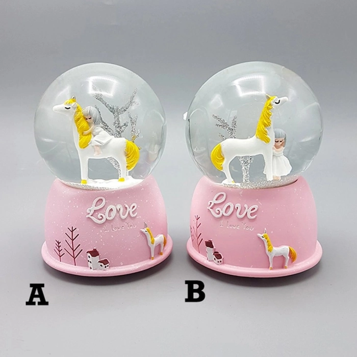 Özel Üretim Hediyelik Obje Dekor Mini Pembe Kar Küresi Sevimli Unicorn Kız Tasarımlı Işıklı
