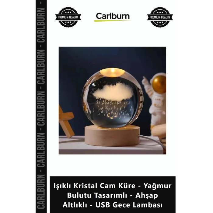 Özel Üretim Işıklı Kristal Cam Küre Yağmur Bulutu Tasarımlı Ahşap Altlıklı USB Gece Lambası