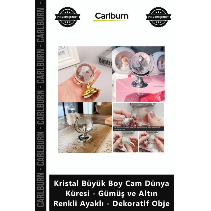 Özel Üretim Şık Kristal Büyük Boy Cam Dünya Küresi Gümüş Altın Renkli Ayaklı Dekoratif Obje