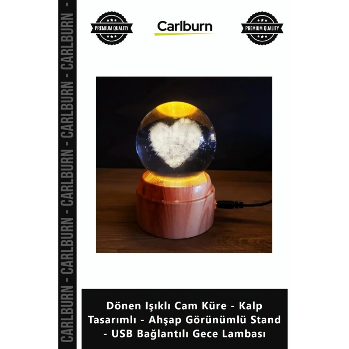 Özel Üretim Dönen Işıklı Cam Küre Kalp Tasarımlı Ahşap Görünümlü Stand USB Bağlantılı Gece Lambası