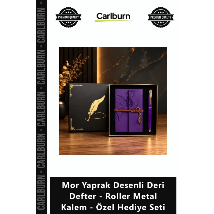 Özel Üretim Lüks Promosyon Mor Yaprak Desenli Deri Defter Roller Metal Kalem Özel Hediye Seti