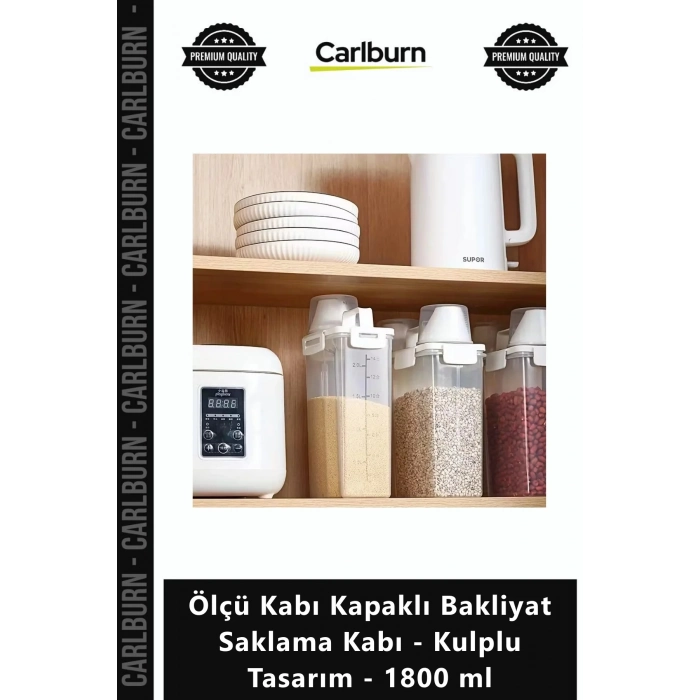 Özel Üretim Şeffaf Kilitli Erzak Ölçü Kabı Kapaklı Bakliyat Saklama Kabı Kulplu Tasarım 1800 ml