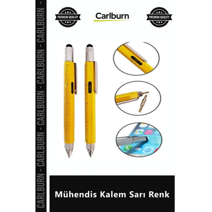 Özel Üretim Çok Fonksiyonlu Metal Cetvel Tornavida Su Terazisi Touchpen Mühendis Kalem Sarı Renk