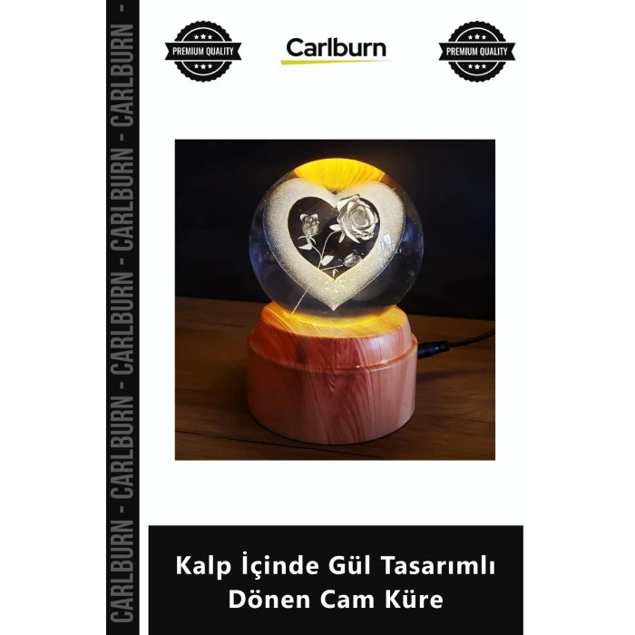 Özel Üretim Işıklı USB Hediyelik Romantik Gece Lambası Kalp İçinde Gül Tasarımlı Dönen Cam Küre