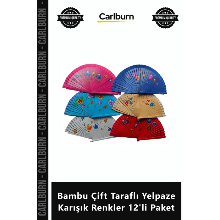 Özel Üretim Kaliteli Dekoratif Hediyelik Bambu Çift Taraflı Yelpaze Karışık Renkler 12li Paket