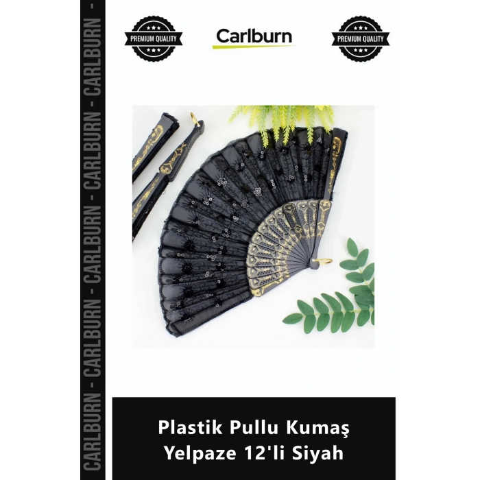 Özel Üretim Kaliteli Şık Aksesuar Kostüm Parti Kına Paket Plastik Pullu Kumaş Yelpaze 12li Siyah