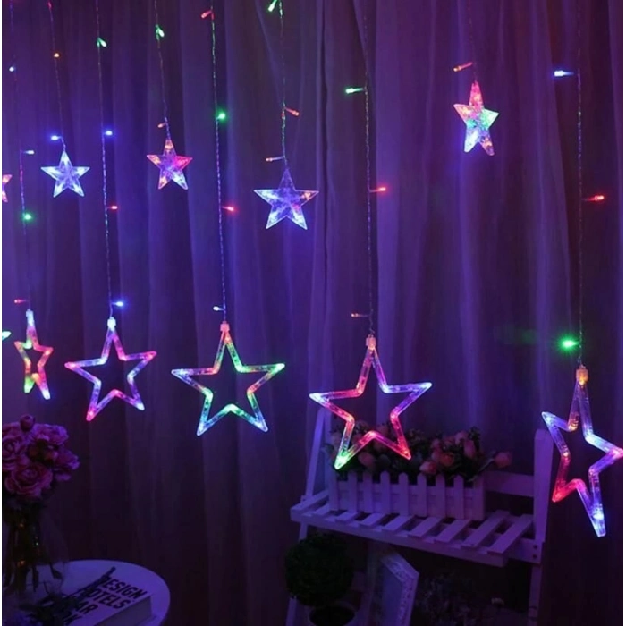 Özel Üretim 3m 6 Saçaklı 12 Yıldız Fişli Uzatmalı 8 Fonksiyonlu Renkli Yıldız Perde Led RGB MZ382
