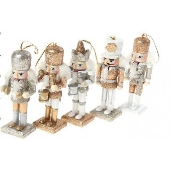 Özel Üretim Dekoratif Yılbaşı Hediyelik 13cm Ahşap Nutcracker Boyama 5li Kurşun Askerler GoldBeyaz
