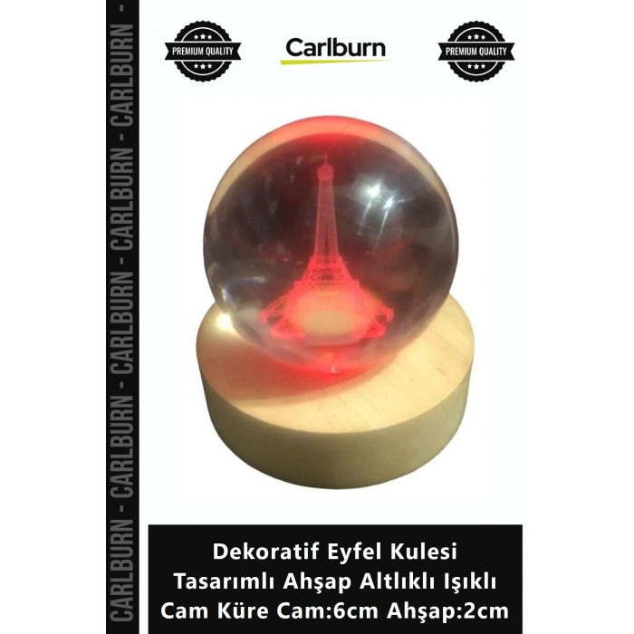 Özel Üretim Dekoratif Eyfel Kulesi Tasarımlı Ahşap Altlıklı Işıklı Cam Küre Cam6cm Ahşap2cm