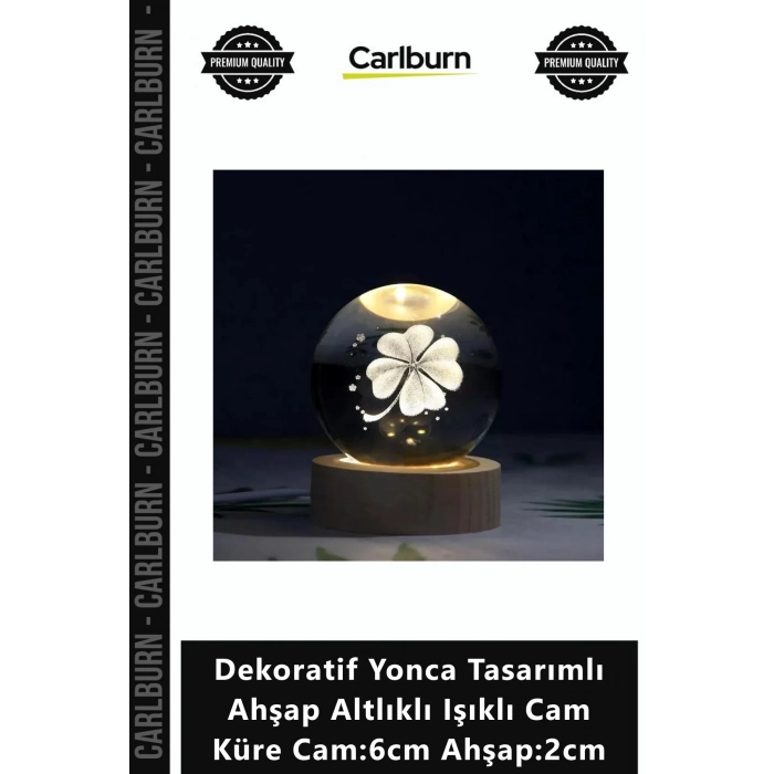 Özel Üretim Gece Lambası Dekoratif Yonca Tasarımlı Ahşap Altlıklı Işıklı Cam Küre Cam6cm Ahşap2cm
