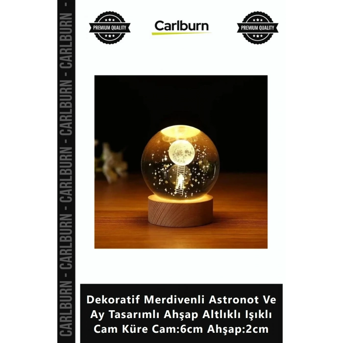 Özel Üretim Dekoratif Merdivenli Astronot Ay Tasarımlı Ahşap Altlıklı Işıklı Cam Küre Cam6cm Ahşap2c