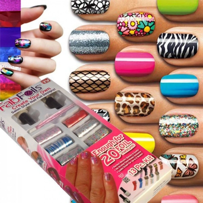 Özel Üretim Profesyonel Manikür Nail Art Göz Alıcı Renkler Şık Tasarım Fab Foils Tırnak Süsleme Seti