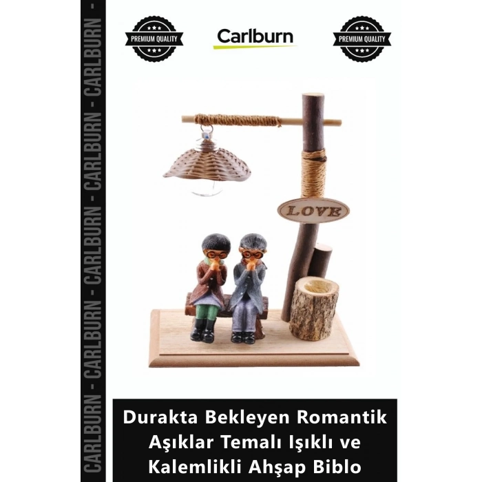 Özel Üretim Hediyelik Durakta Bekleyen Romantik Aşıklar Temalı Işıklı Kalemlikli Ahşap Biblo
