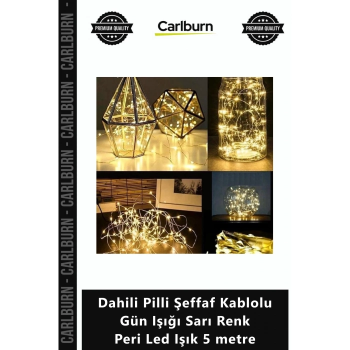Özel Üretim Dekoratif Dahili Pilli Şeffaf Kablolu Gün Işığı Sarı Renk Peri Led Işık 5 metre