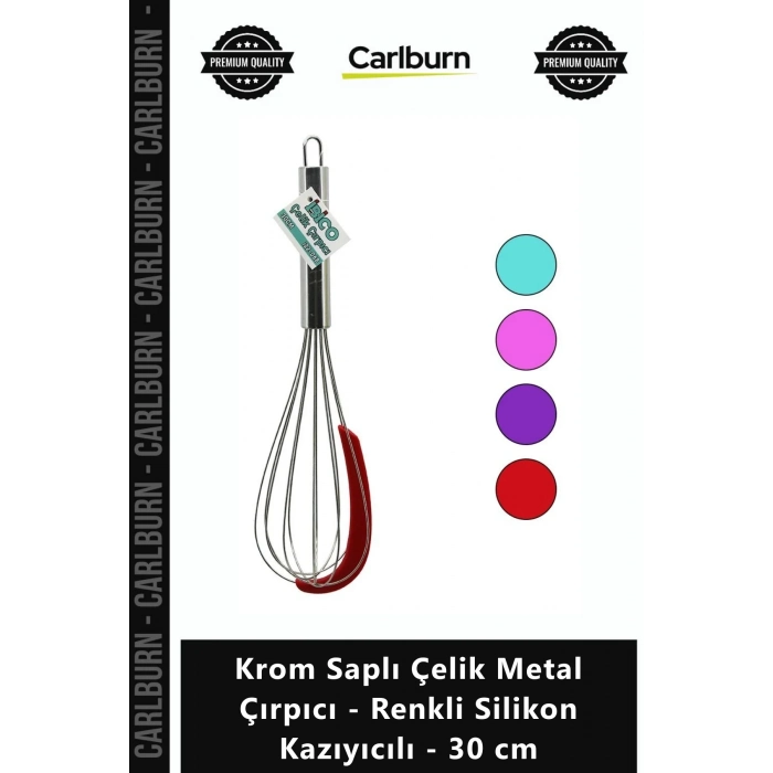 Özel Üretim Mutfak Profesyonel Krom Saplı Çelik Metal Çırpıcı Renkli Silikon Kazıyıcılı 30 cm