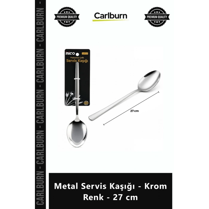 Özel Üretim Dayanıklı Paslanmaz Çelik Şık Mutfak Sunumu Metal Servis Kaşığı Krom Renk 27 cm